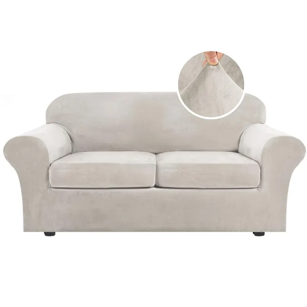 Velvet 3 Piece Sofa Cover for 2 Cushion Sofa Up to 90 Inch (Large Sofa, Oatmeal)
